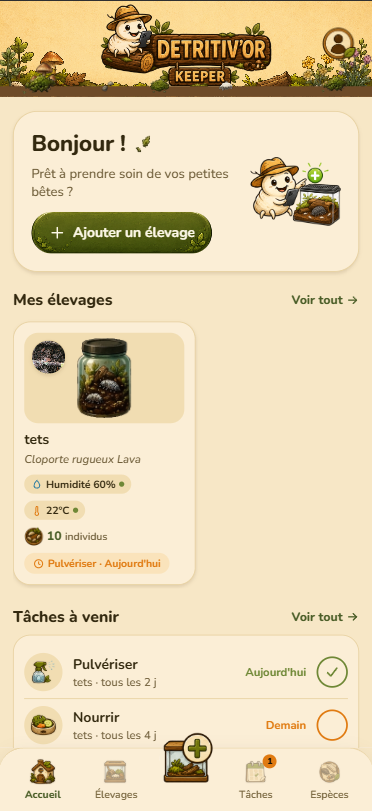 Aperçu de l’application : accueil, élevages et tâches à venir