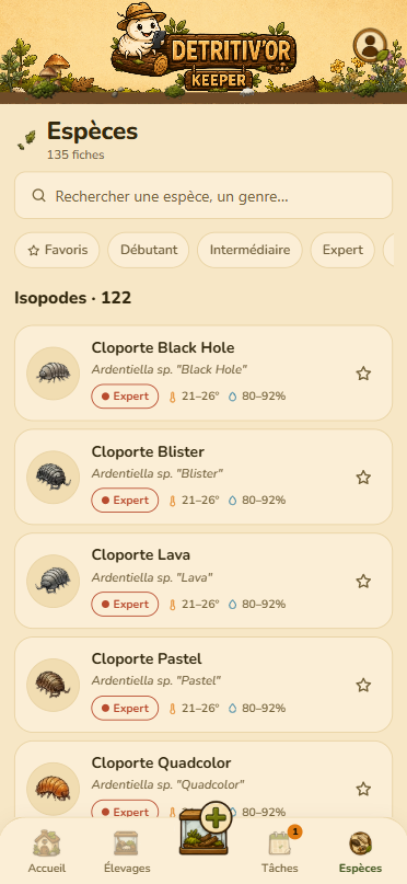 Aperçu de l’application : fiches espèces